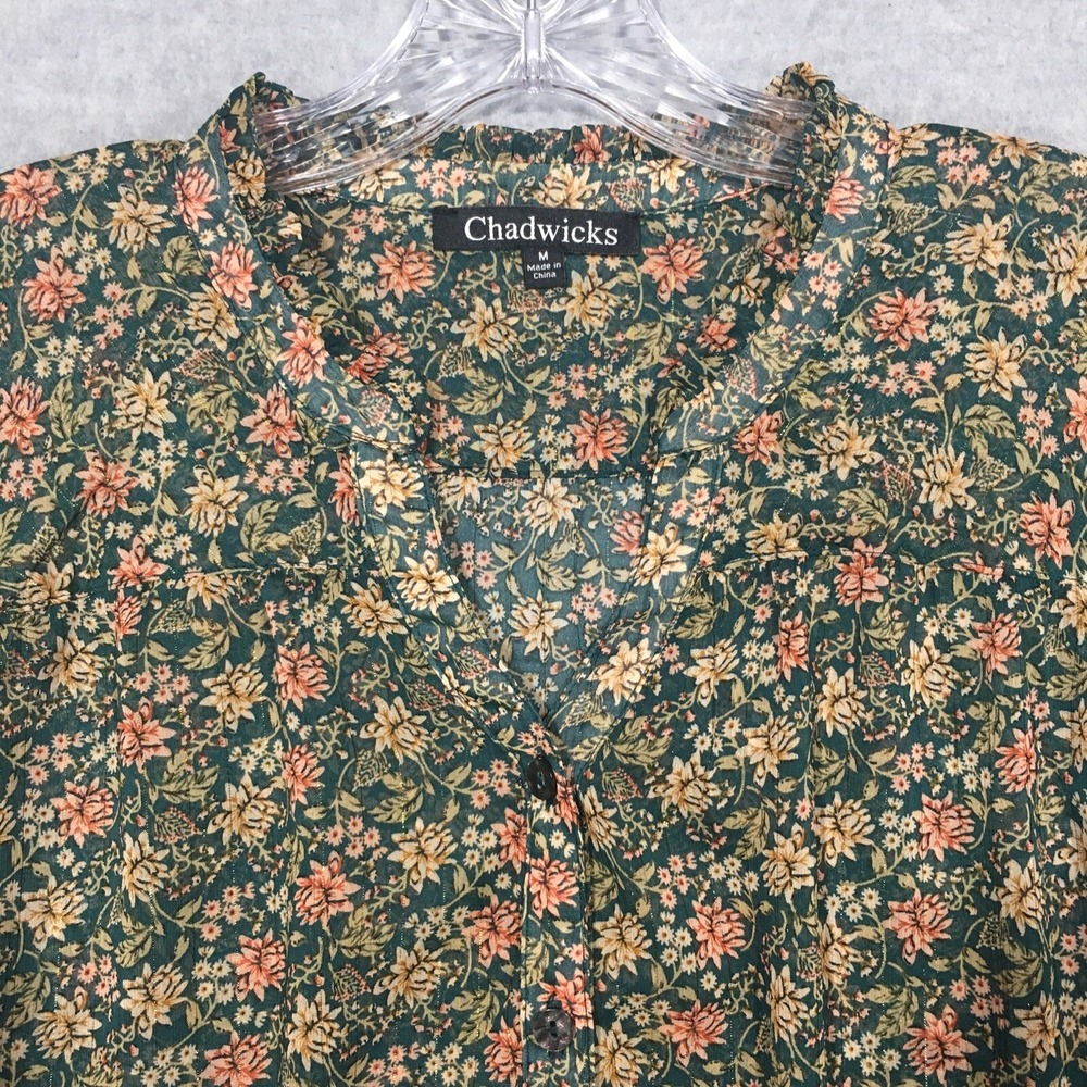 Chadwicks M Sheer Floral Peasant Blouse Long Sleeve Mandarin V-Neck Green Gold